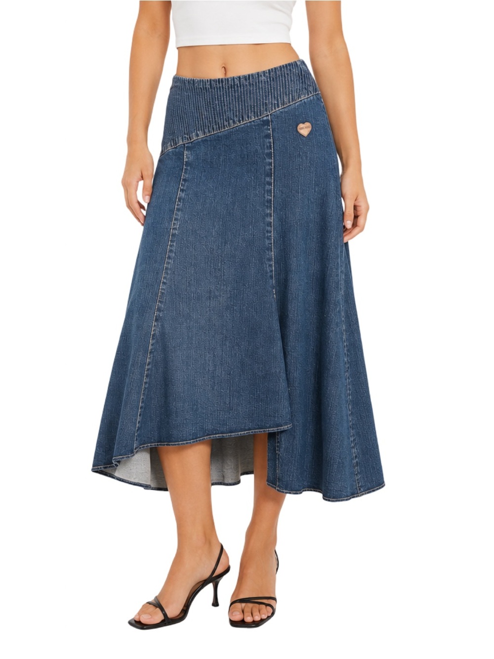 Simon Chang Denim Asymmetrical Midi Skirt Y2K High Low Flared Blue Jean Skirt 6